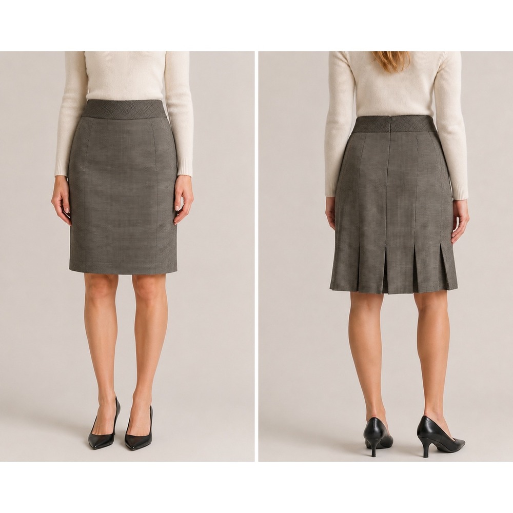 Riani Virgin Wool Houndstooth Pleated Knee Length Skirt Brown Grey Size 12 NWT